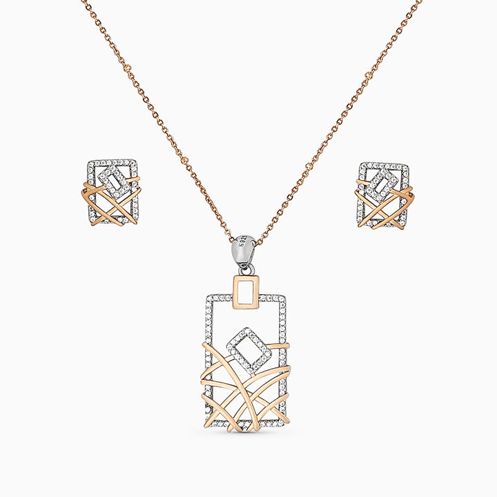 Designer Silver Pendant and matching earring set with Rose Gold plated