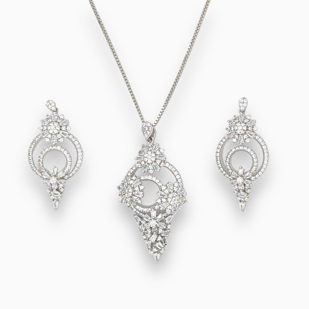 Designer silver pendant with matching earring set with rhodium finish
