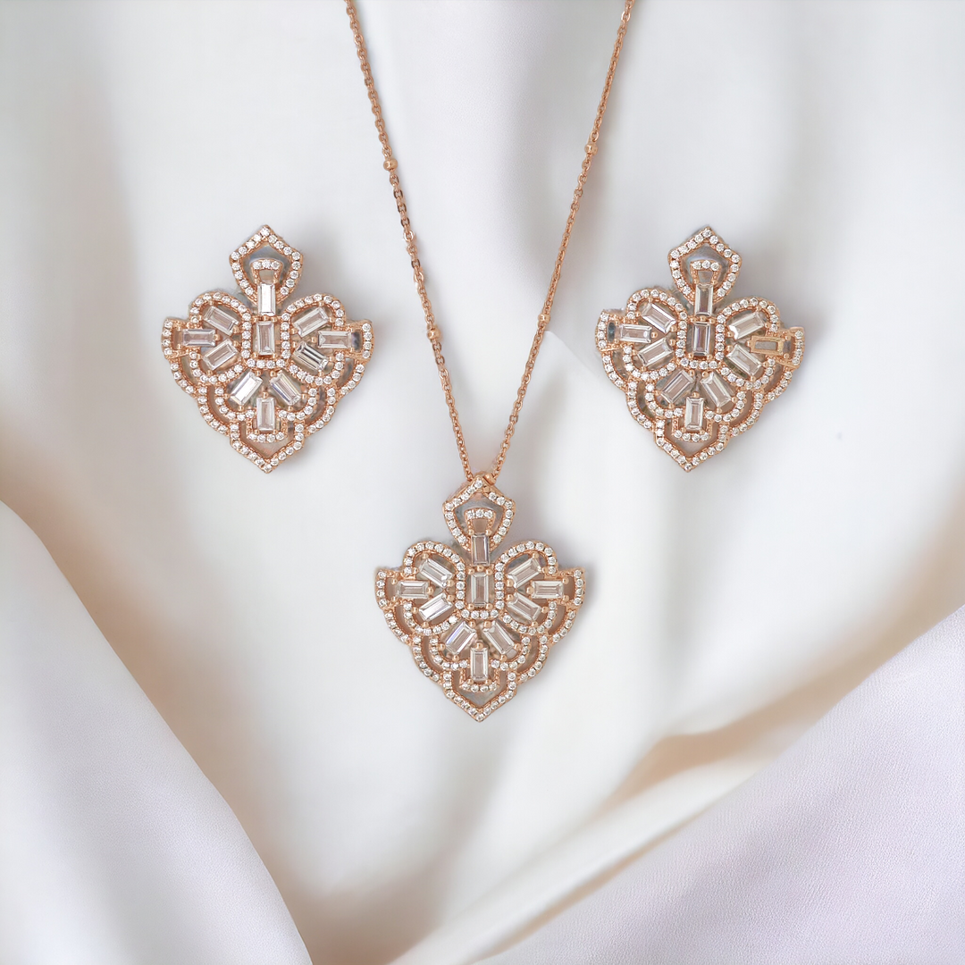 Designer Silver Pendant and matching earring set with Rose Gold plated.