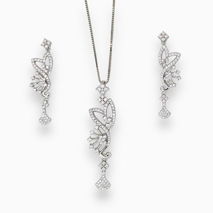 Designer silver pendant with matching earring set with rhodium finish