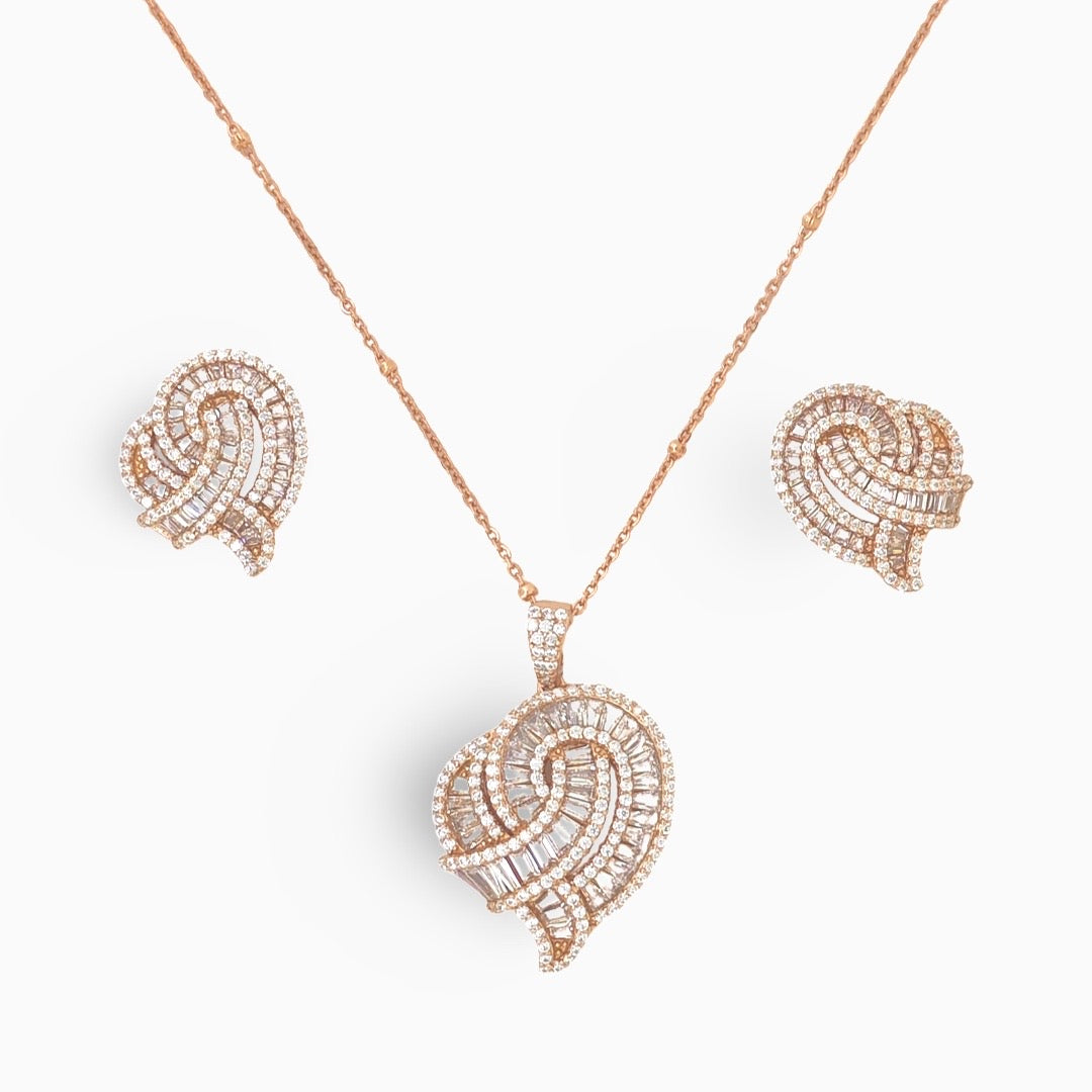 Designer Silver Pendant and matching earring set with Rose Gold plated.
