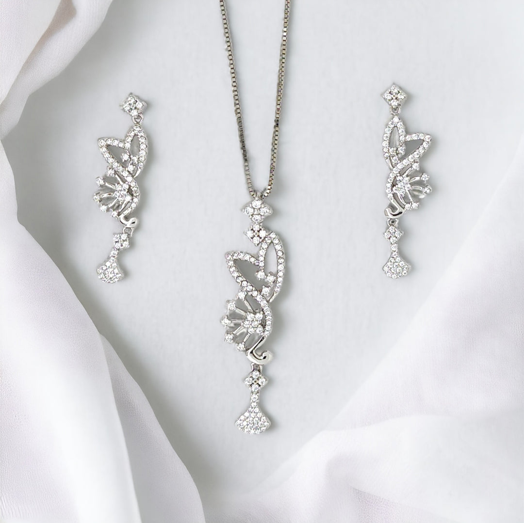 Designer silver pendant with matching earring set with rhodium finish
