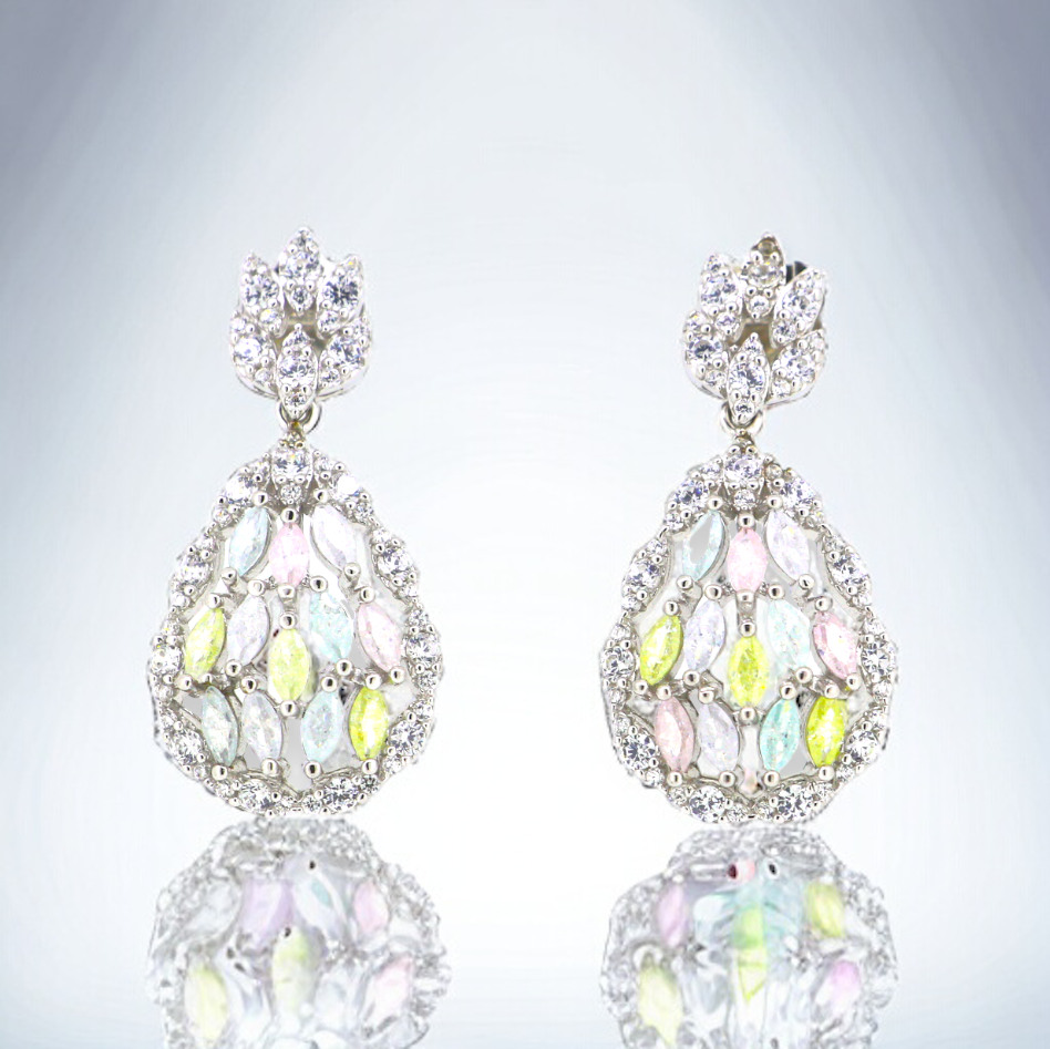 925 silver earrings- Trendy besilver dangle Earrings with multi color Cz stones.