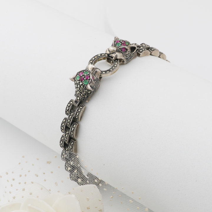 Men's oxidized silver bracelet-Marcasite tiger design