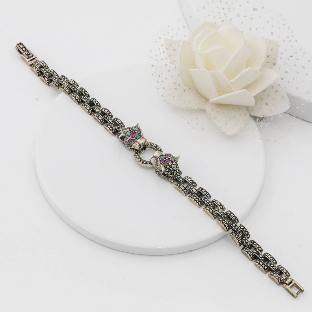 Men's oxidized silver bracelet-Marcasite tiger design