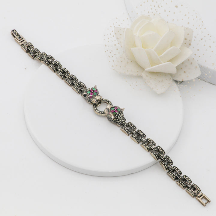 Men's oxidized silver bracelet-Marcasite tiger design